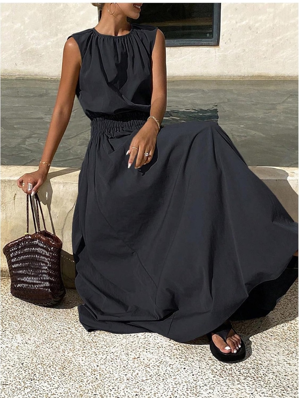Women's Navy 2-Piece Top & Maxi Skirt - Elegant Gathered Waist